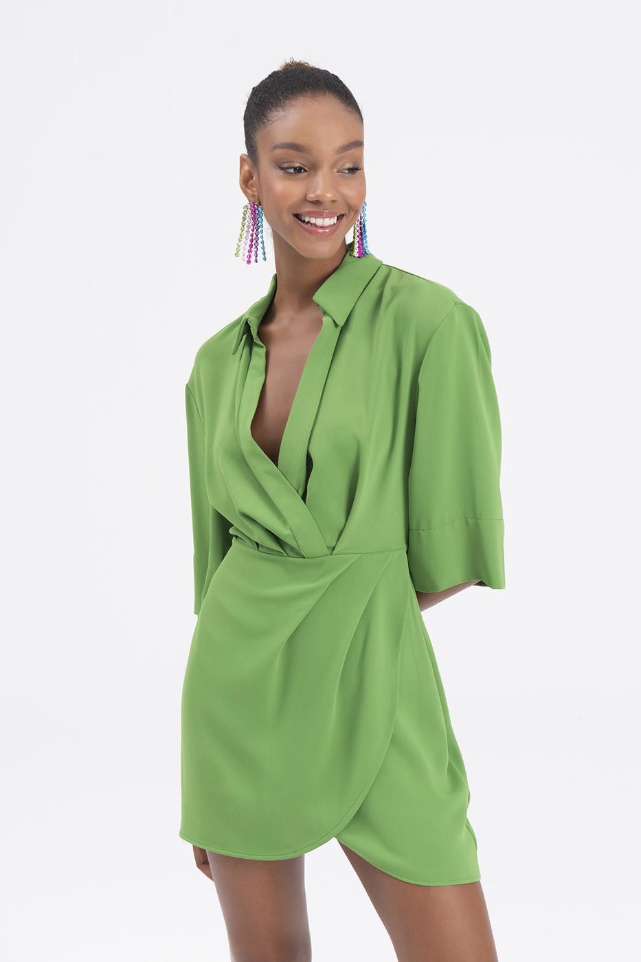 Bayan Yeşil Yakalı Truvukar Kollu Mini Elbise