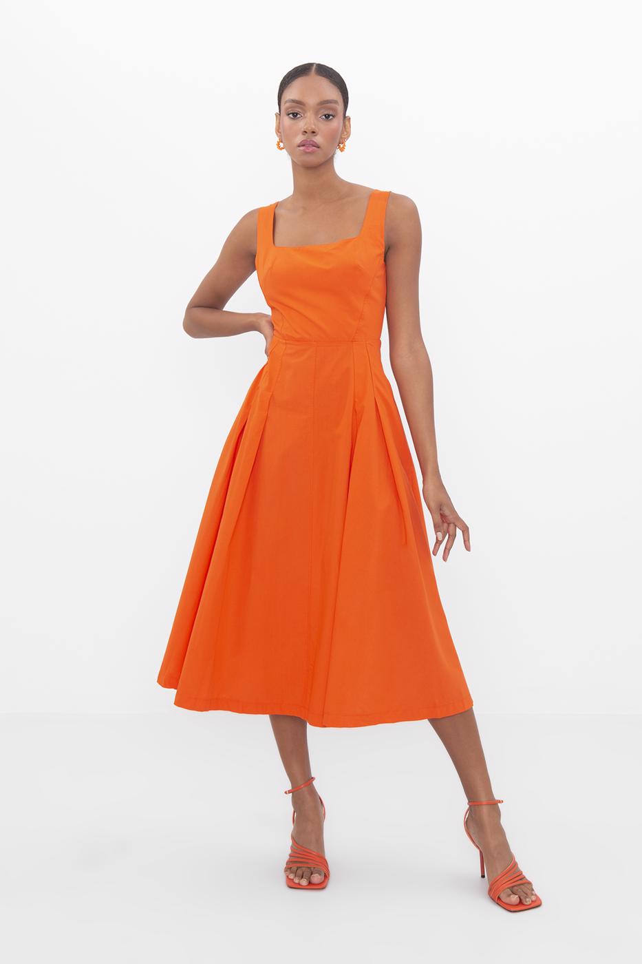 Bayan Oranj Kare Yaka Pileli Midi Elbise
