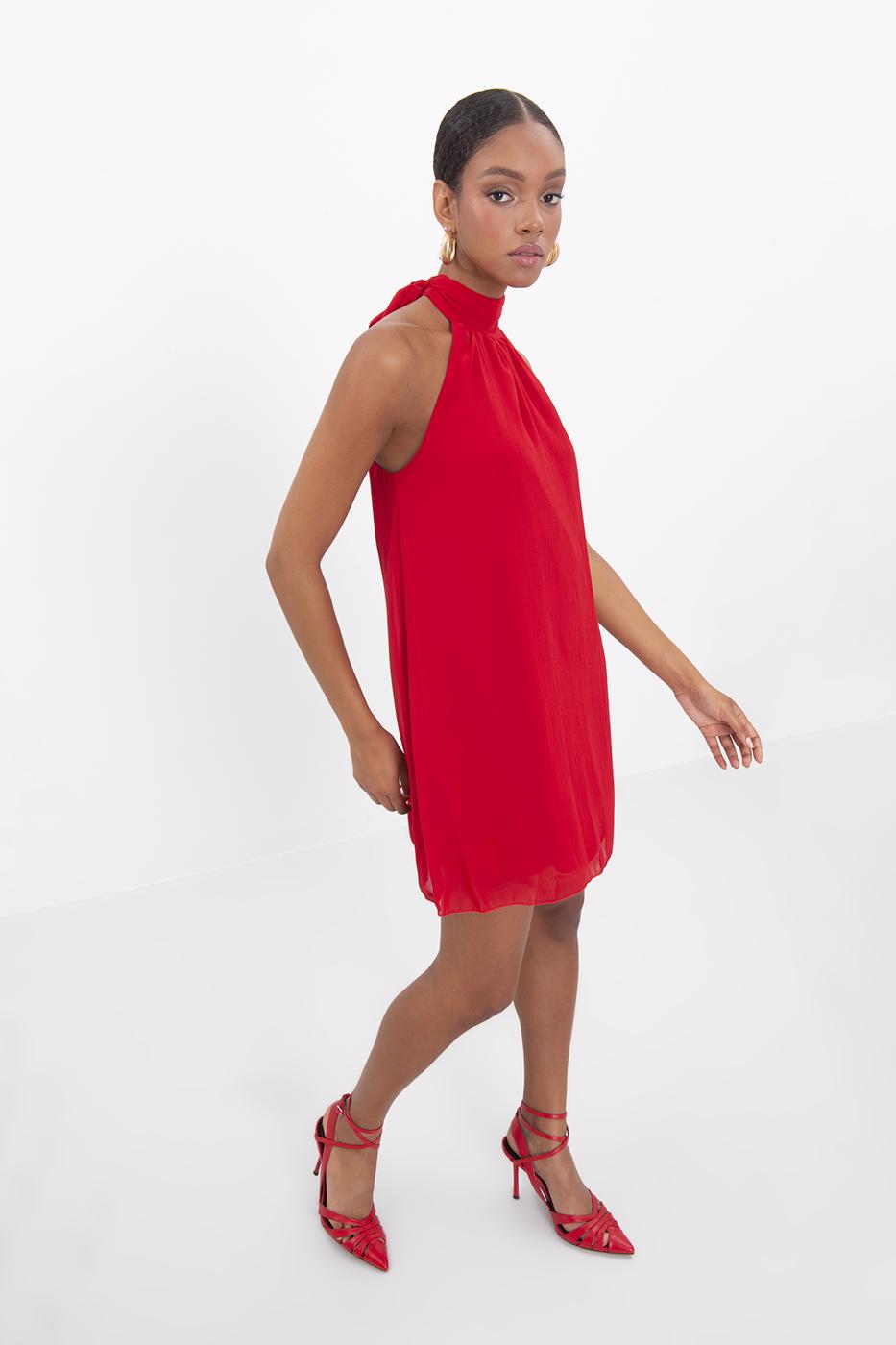 Bayan Kırmızı Dik Yakalı Bol Mini Elbise