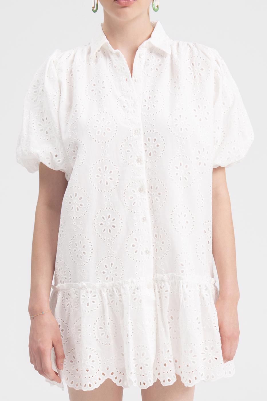 Bayan Beyaz Balon Kollu Mini Bol Gömlek Elbise