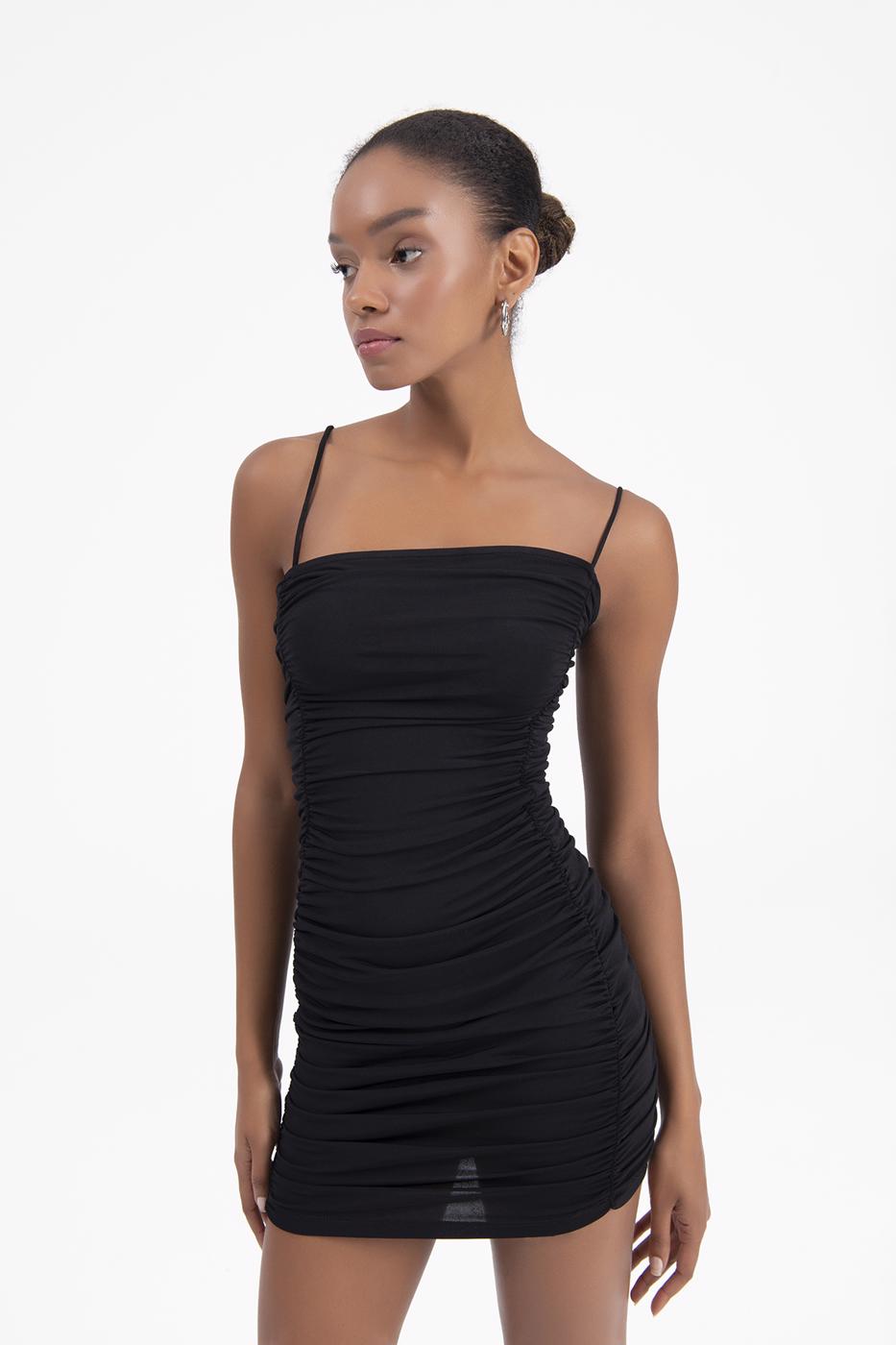 Bayan Siyah Drapeli Mini Elbise