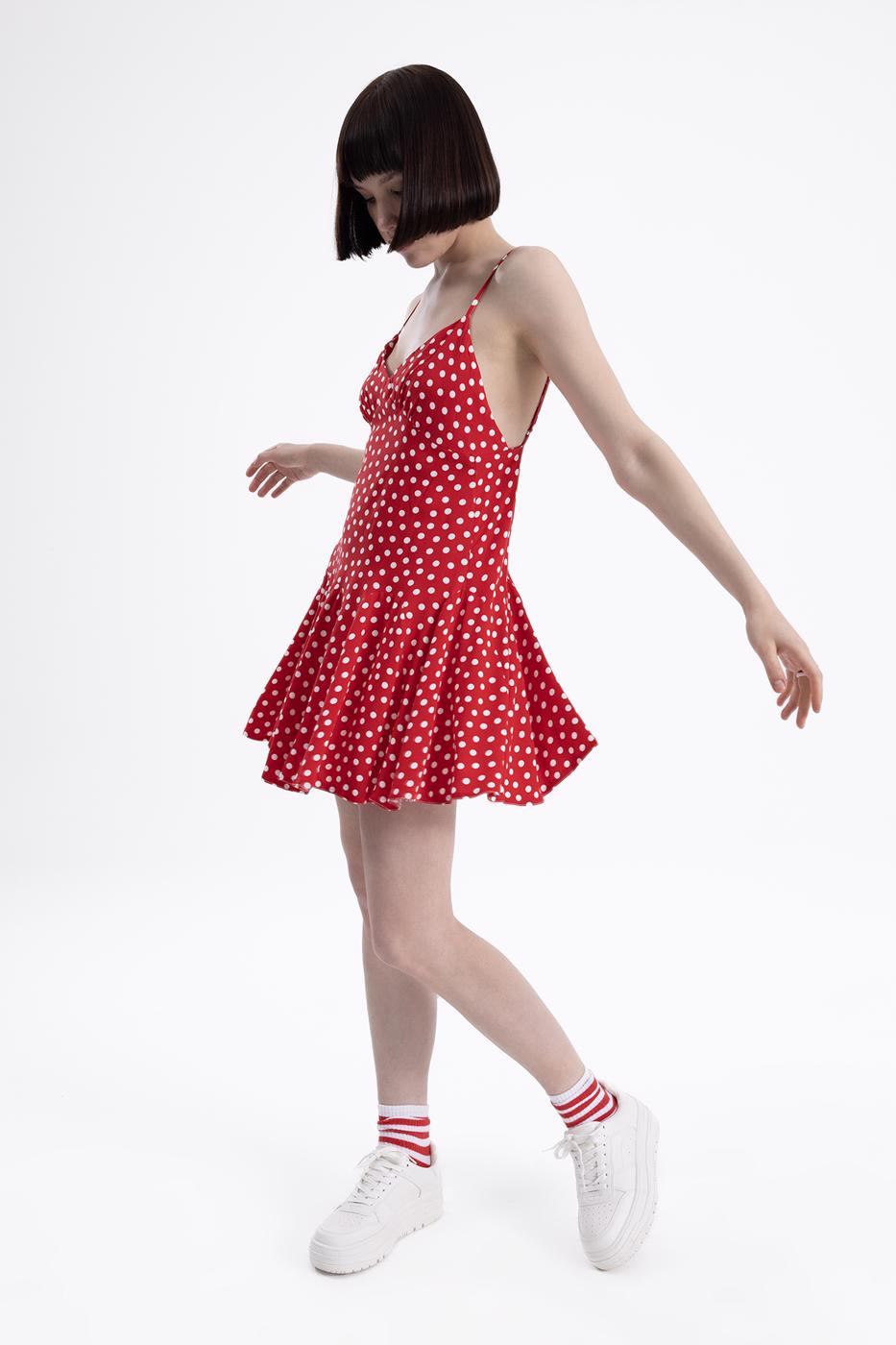 Bayan Kırmızı Askılı Etek Ucu Volanlı Mini Elbise