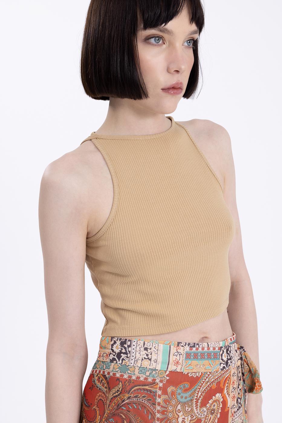 Bayan Bej Halter Yaka Crop Body