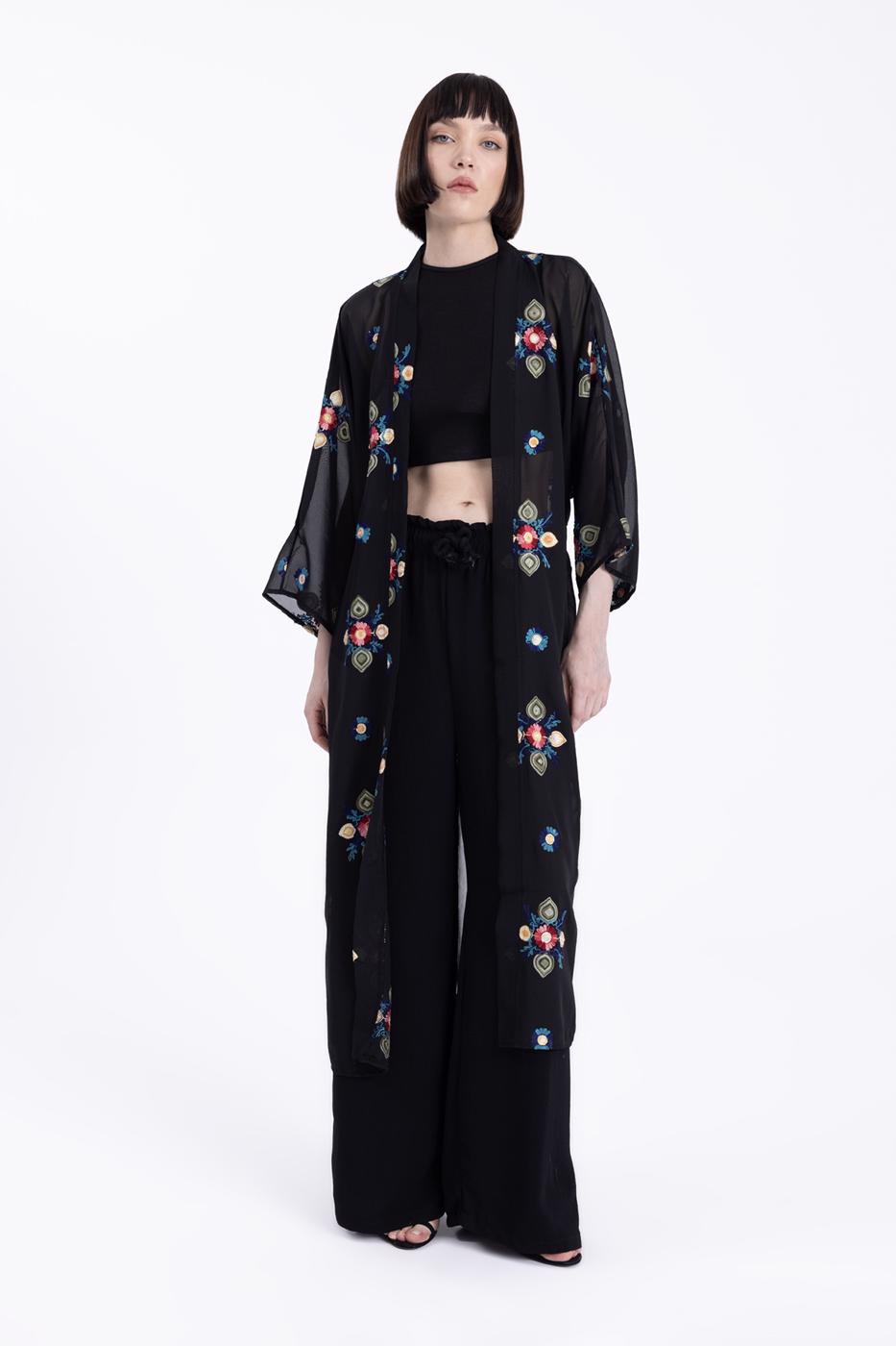 Bayan Siyah Nakışlı Şifon Kimono