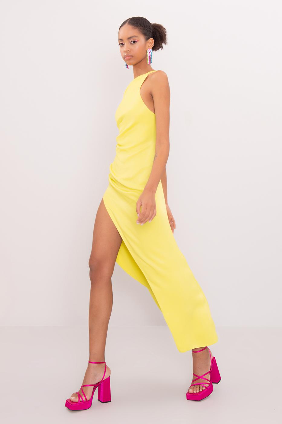 Bayan Sarı Asimetrik Etek Ucu Detaylı Tek Omuz Maksi Elbise