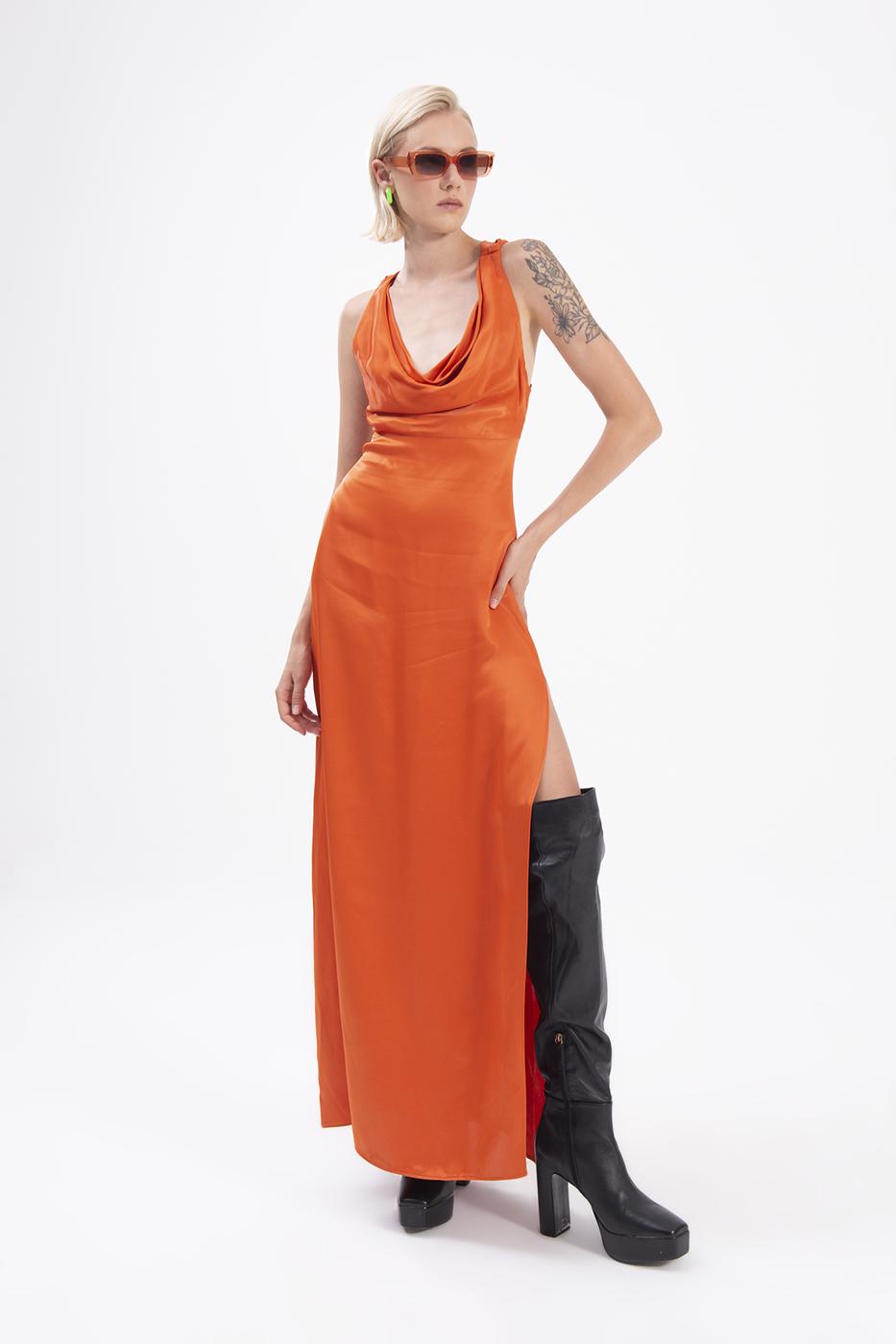 Bayan Oranj Degaje Yakalı Yırtmaç Detaylı Maksi Elbise