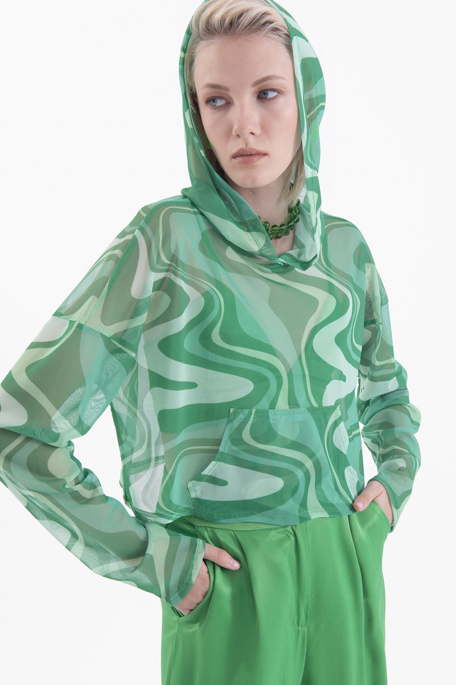 Bayan Yeşil Kapüşonlu Tül Bluz