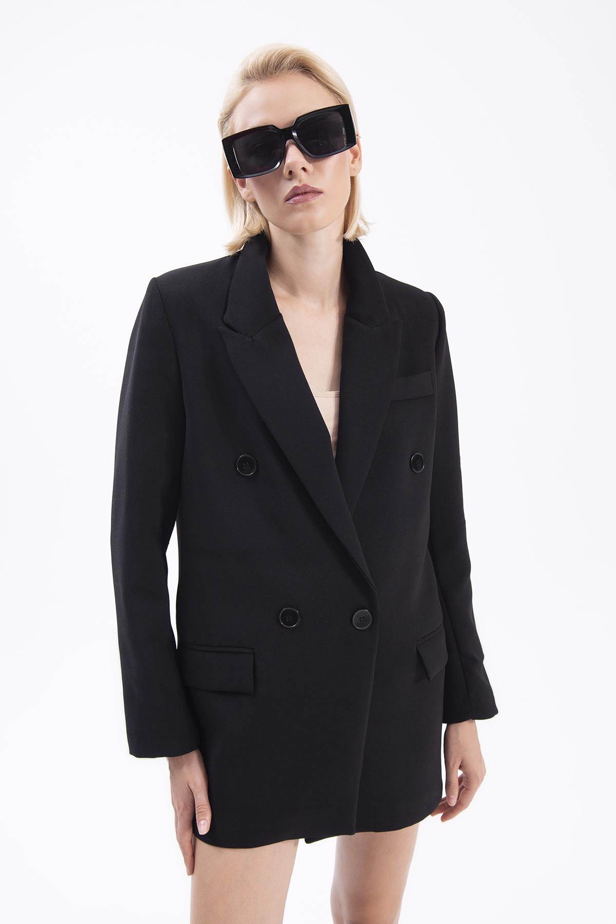 Bayan Siyah Kruvaze Kapama Blazer Ceket