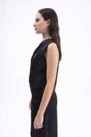 Bayan Siyah Degaje Yakalı Saten Crop Bluz
