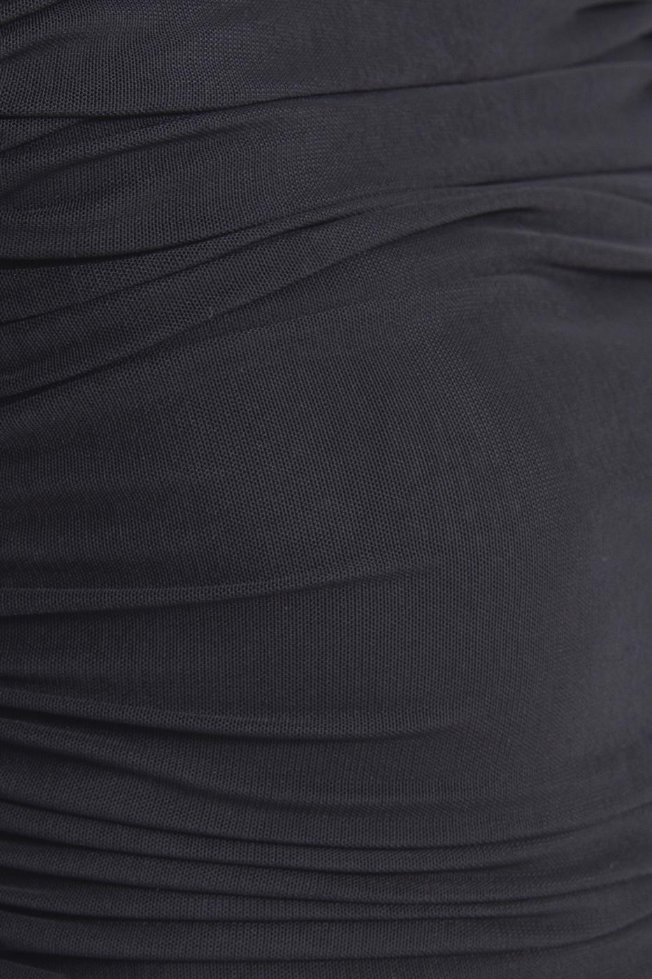 Bayan Siyah Dik Yakalı Drapeli Tül Elbise