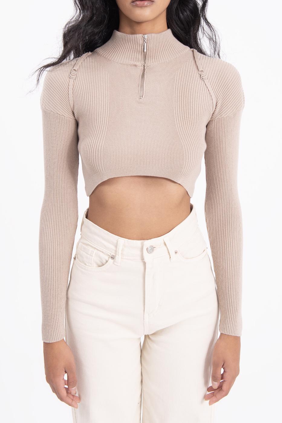 Bayan Bej Dik Yakalı Triko Crop Top