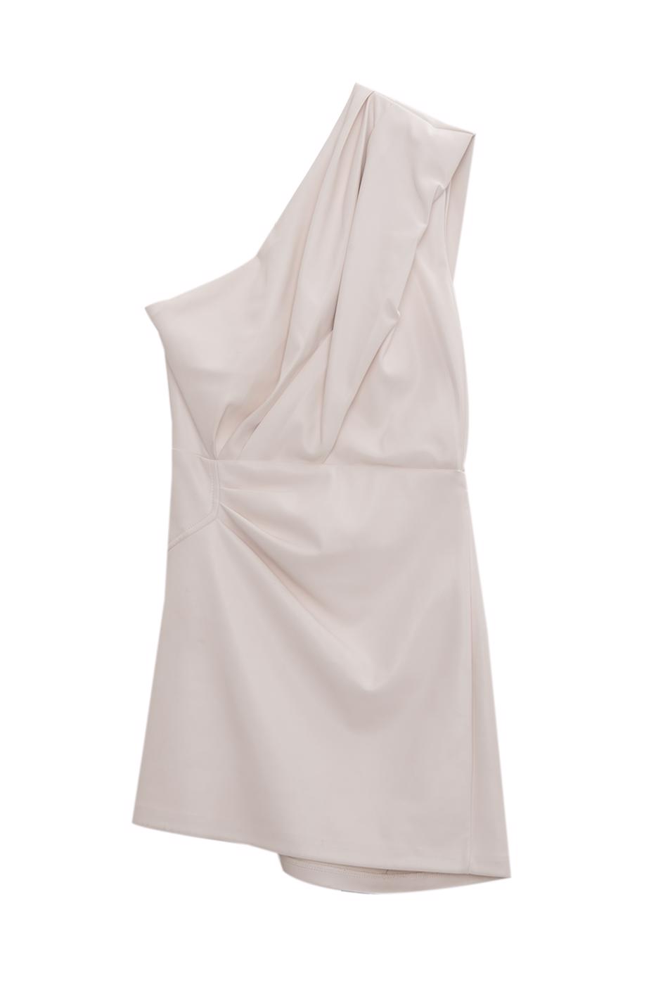 Bayan Beyaz Tek Omuz Dekolteli Suni Deri Mini Elbise