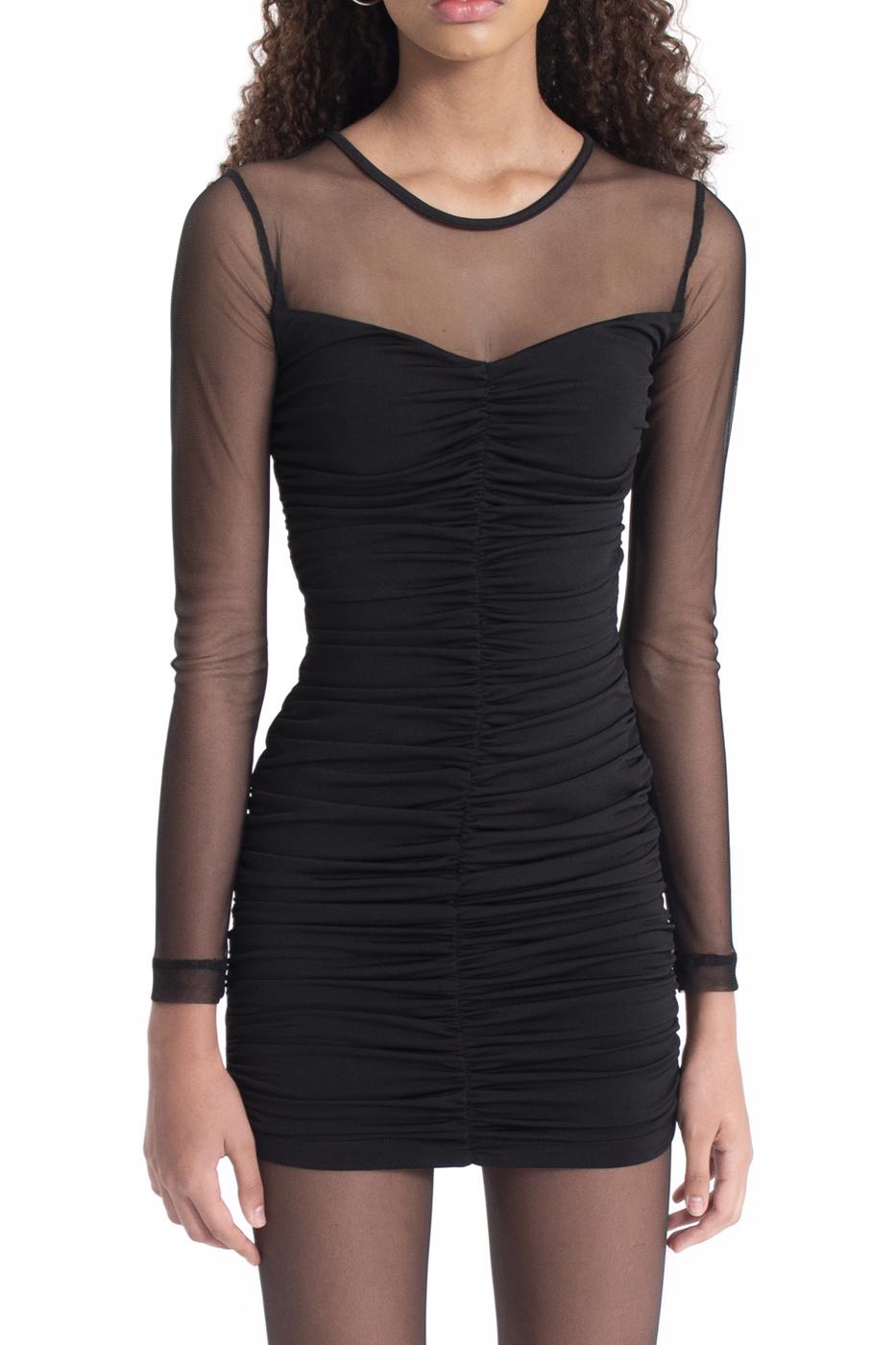 Bayan Siyah Drapeli Tül Detaylı Mini Elbise