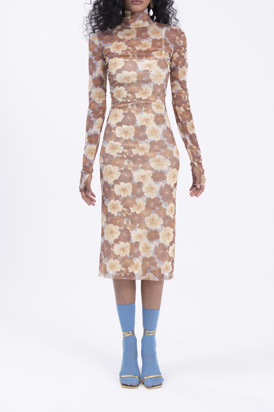 Bayan Kiremit Dik Yaka Detaylı Tül Midi Elbise
