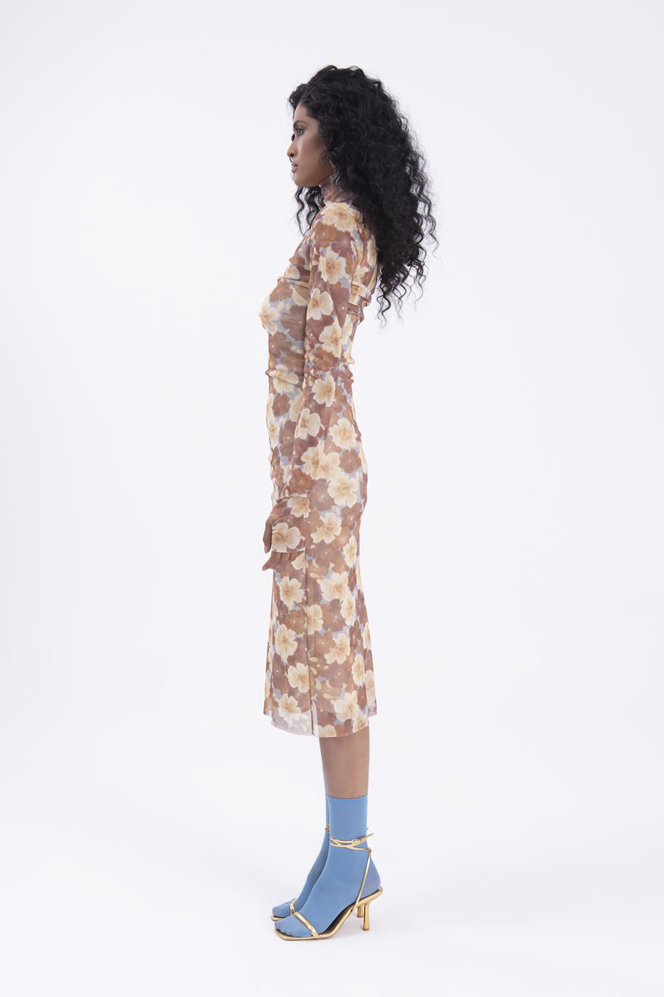 Bayan Kiremit Dik Yaka Detaylı Tül Midi Elbise