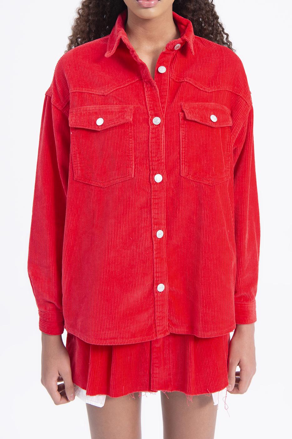 Bayan Kırmızı Cep Detaylı Fitilli Kadife Gömlek Ceket
