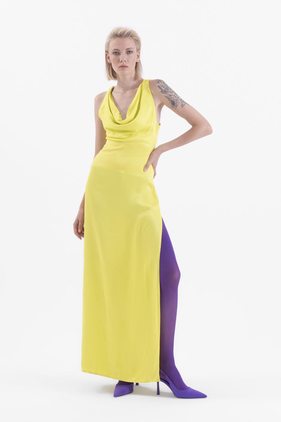 Bayan Sarı Degaje Yakalı Yırtmaç Detaylı Maksi Elbise