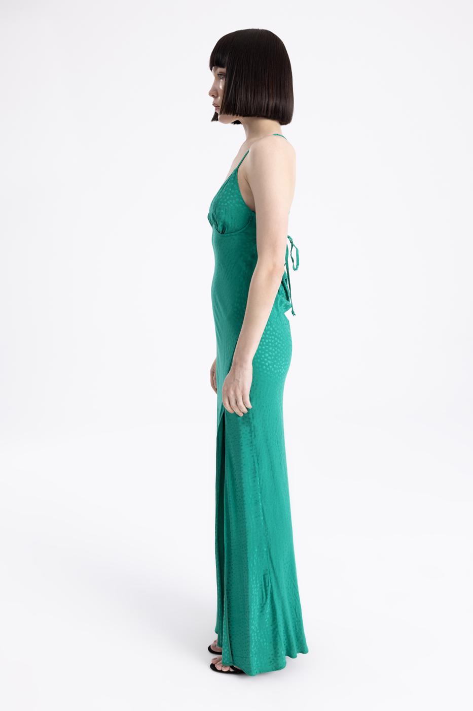 Bayan Yeşil Sırtta Degaje Detaylı Askılı Saten Elbise