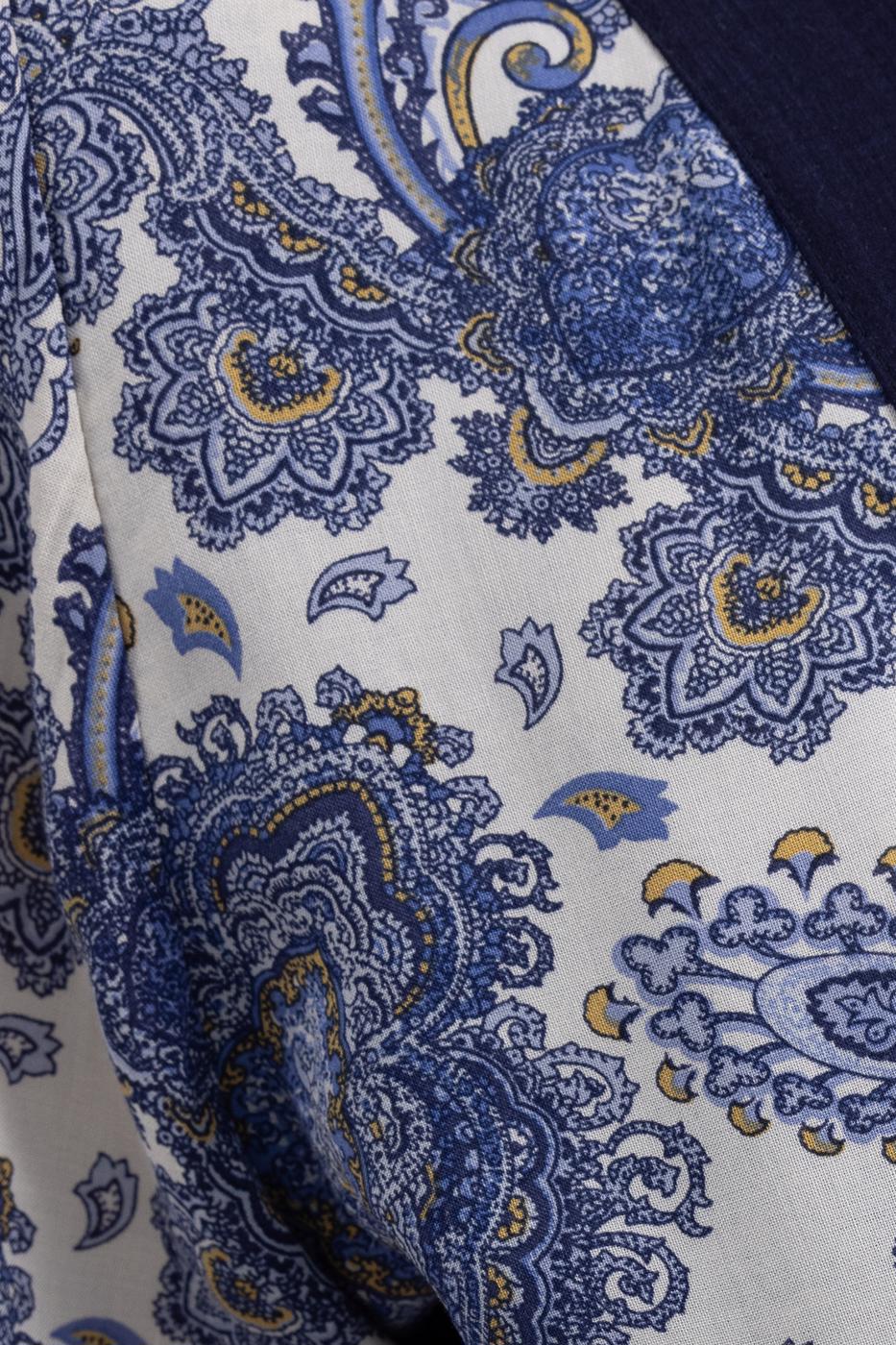 Bayan Lacivert Derin  v Yaka  Detaylı  Desenli  Bluz