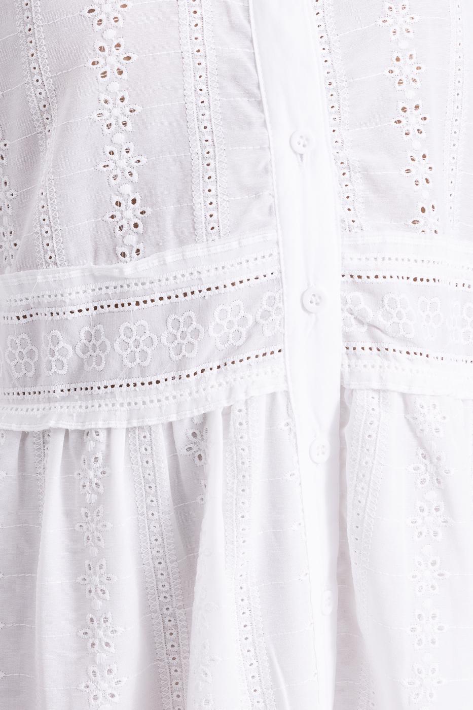 Bayan Beyaz V Yakalı Brode  Midi Gömlek Elbise