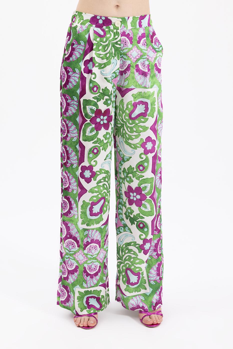 Bayan Yeşil Pileli Desenli Saten Pantolon