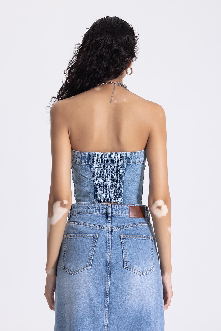 Bayan Mavi Straplez Crop Denim Top
