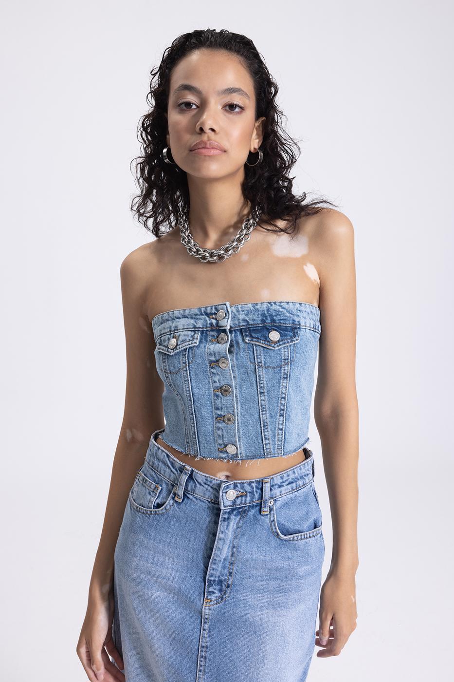 Bayan Mavi Straplez Crop Denim Top