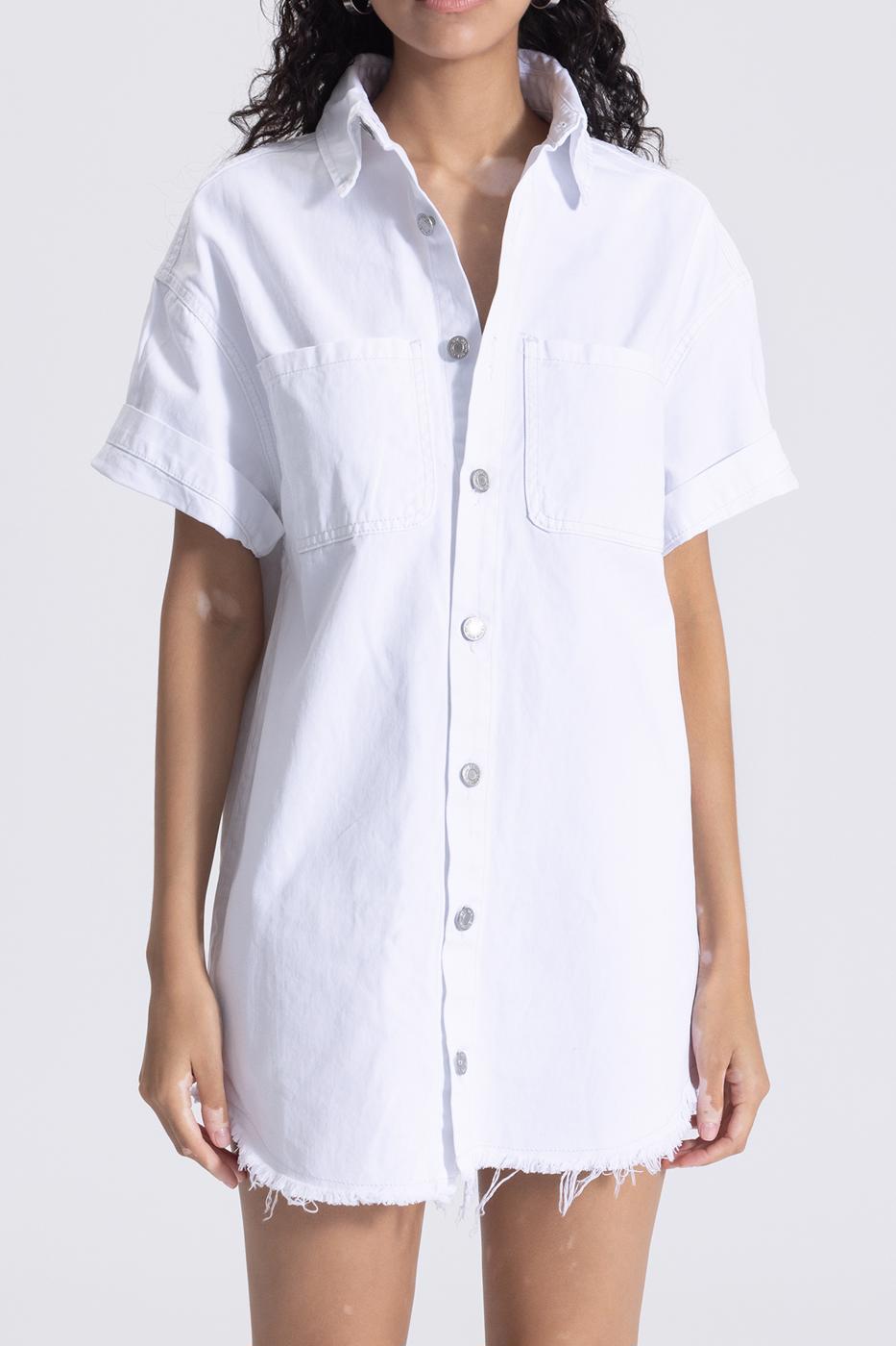 Bayan Beyaz Yıpratmalı Mini Cotton Gömlek  Elbise