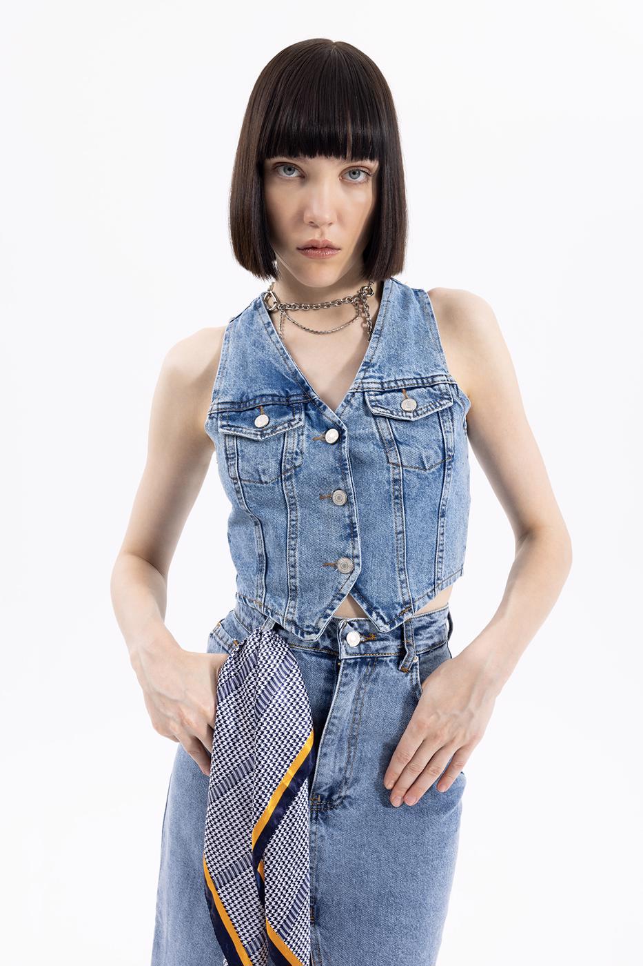 Bayan Mavi Denim Crop Yelek