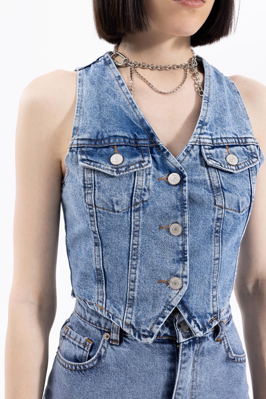 Bayan Mavi Denim Crop Yelek