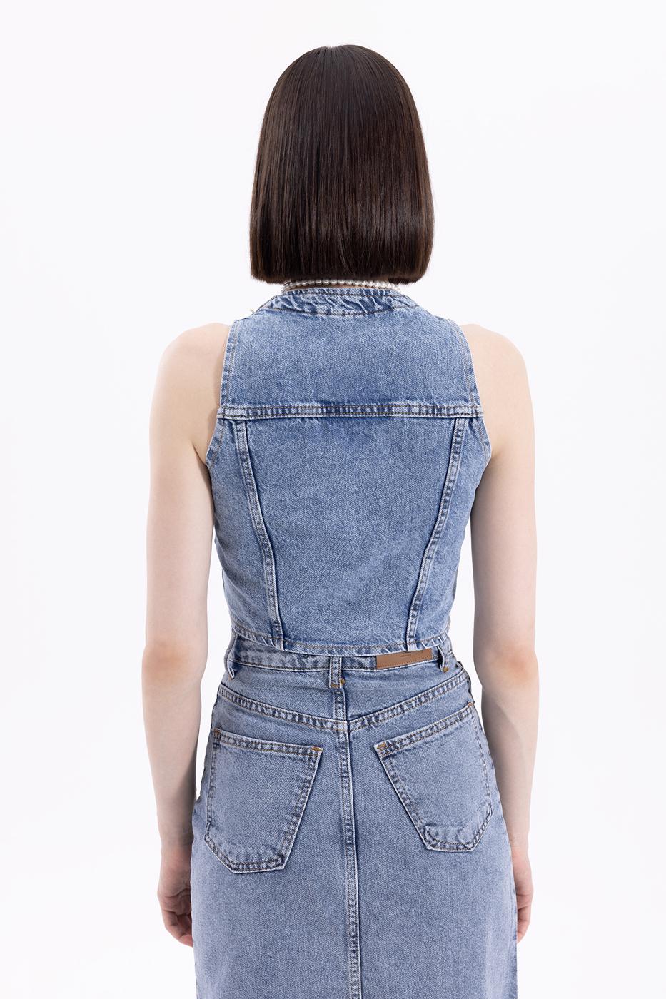 Bayan Mavi Denim Crop Yelek
