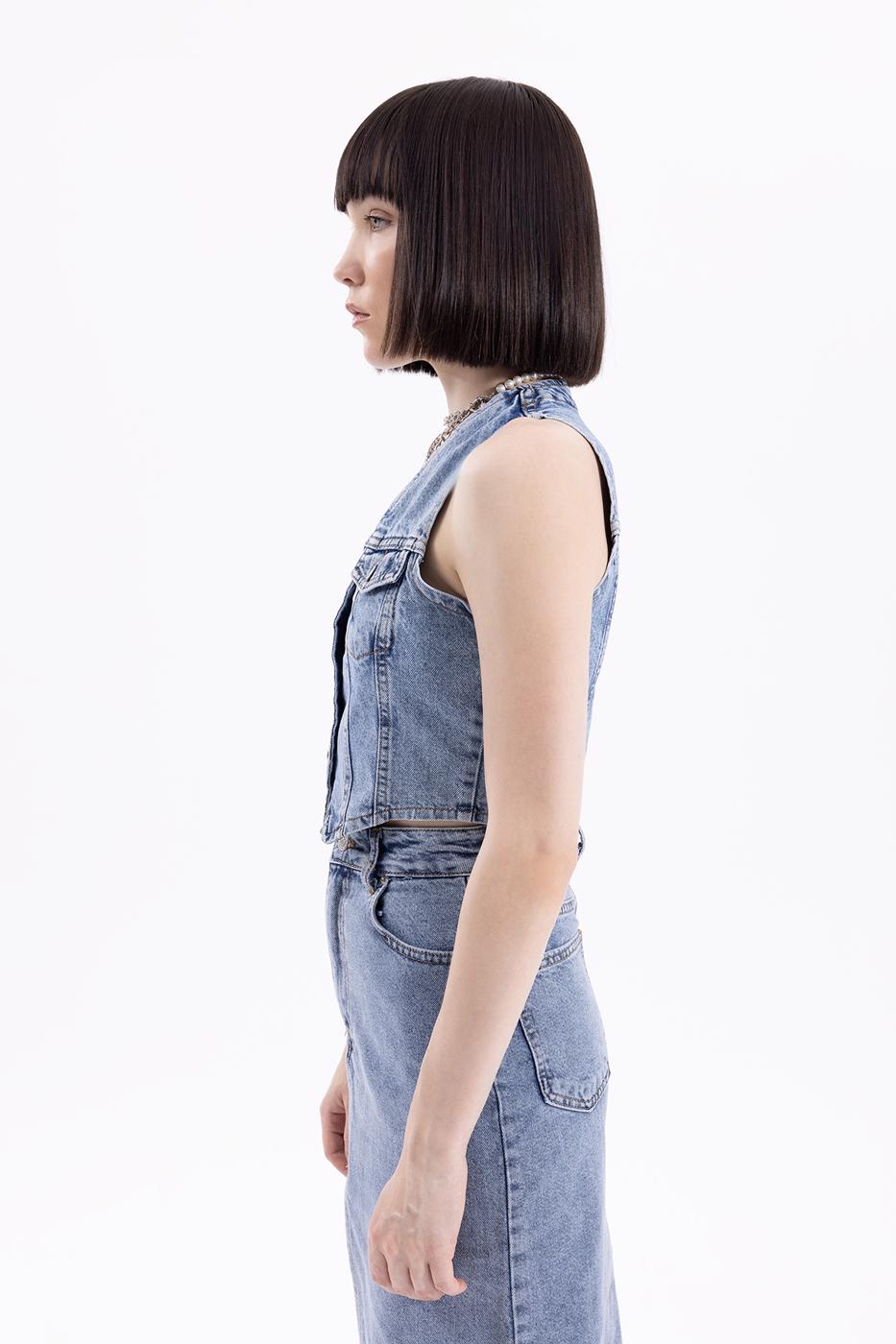 Bayan Mavi Denim Crop Yelek