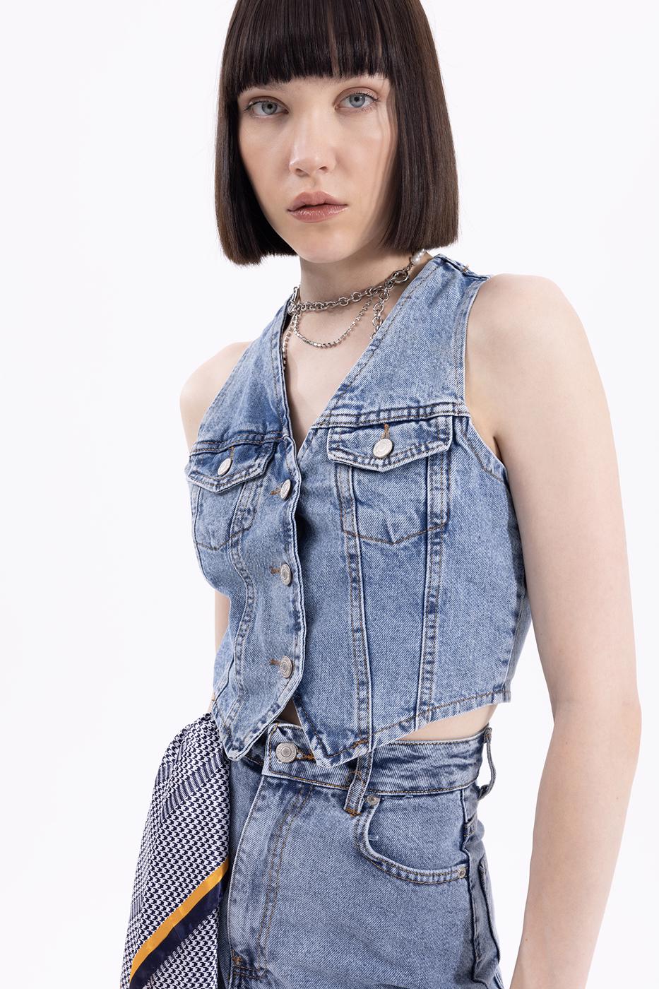 Bayan Mavi Denim Crop Yelek