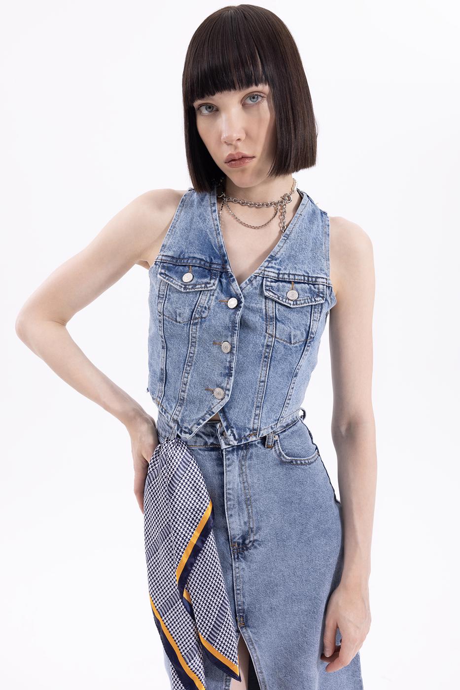 Bayan Mavi Denim Crop Yelek
