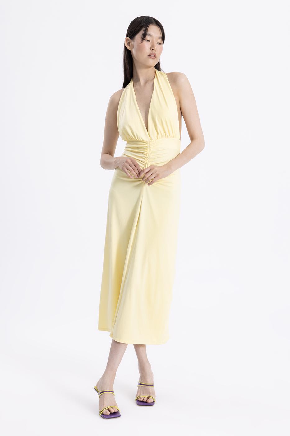 Bayan Sarı Drape Detaylı Midi Elbise