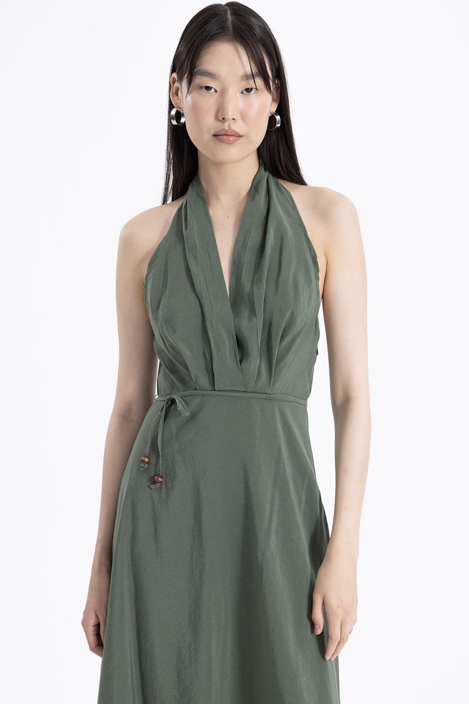 Bayan Yeşil Sırt Dekolteli Midi Elbise