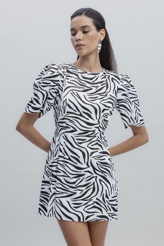 Saten Zebra Desenli  Mini  Elbise
