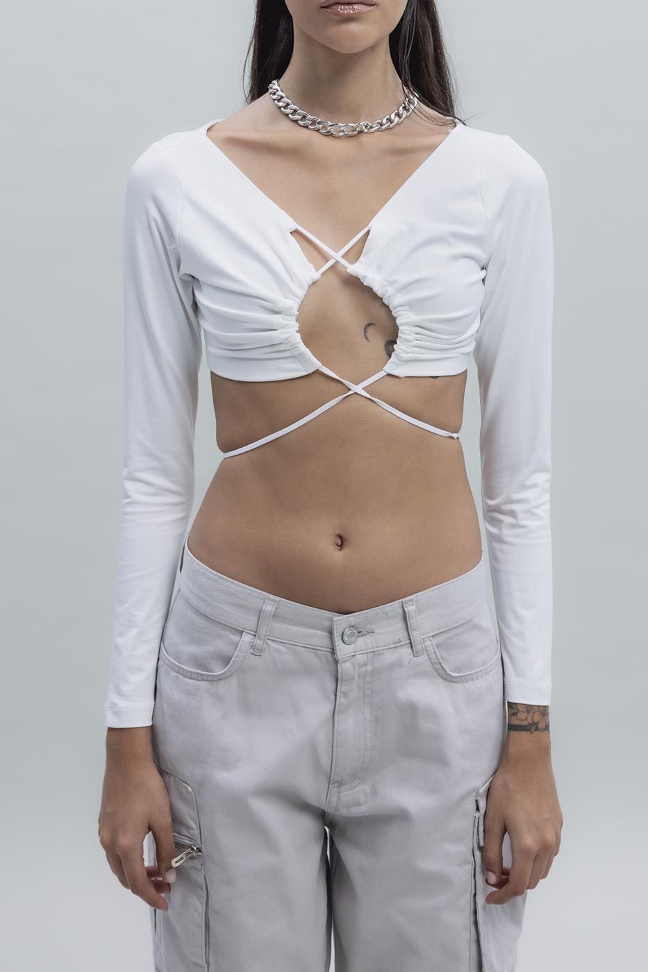 Bayan Ekru Bağlamalı Crop Top