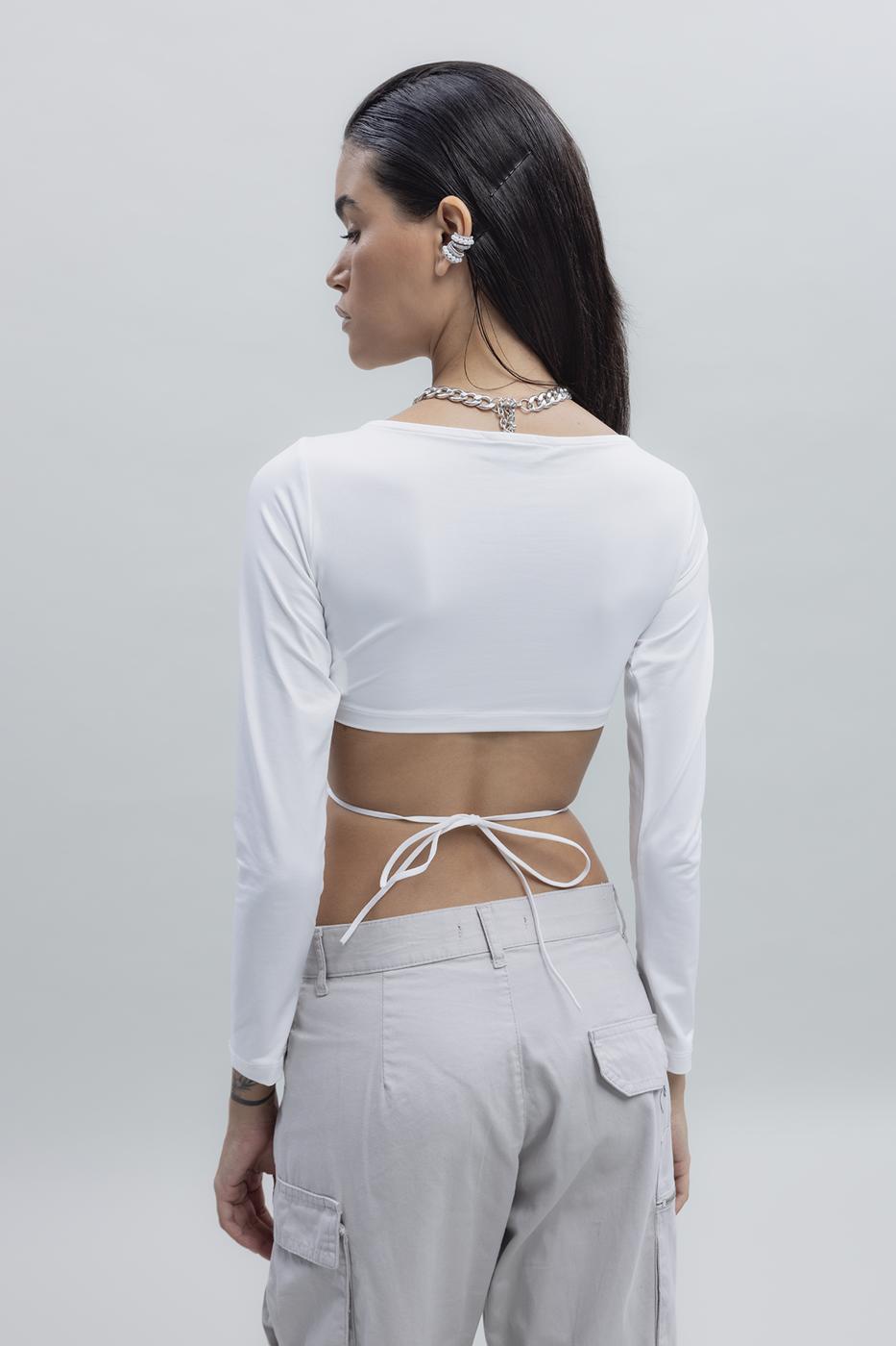 Bayan Ekru Bağlamalı Crop Top