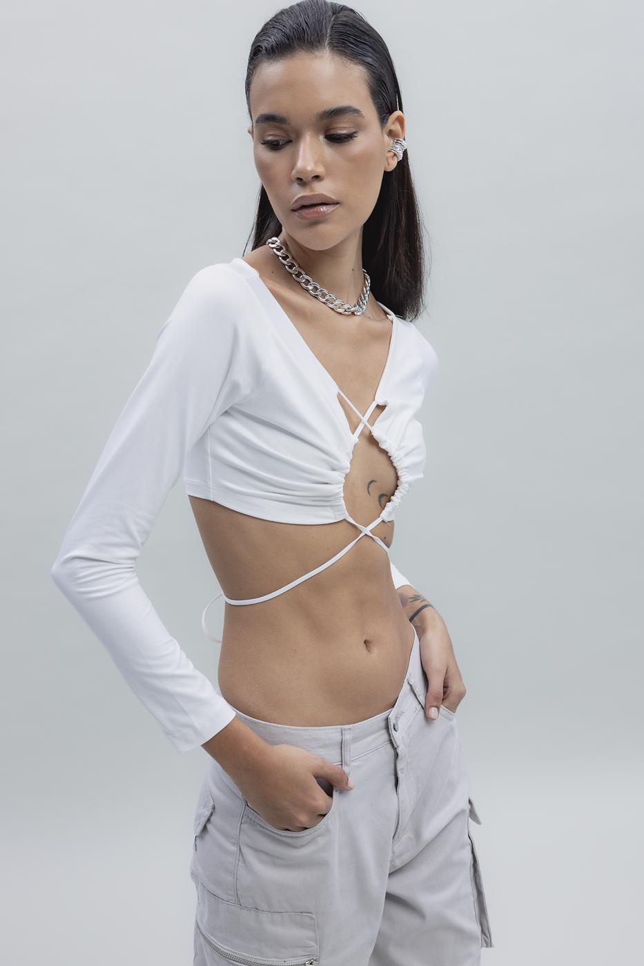 Bayan Ekru Bağlamalı Crop Top