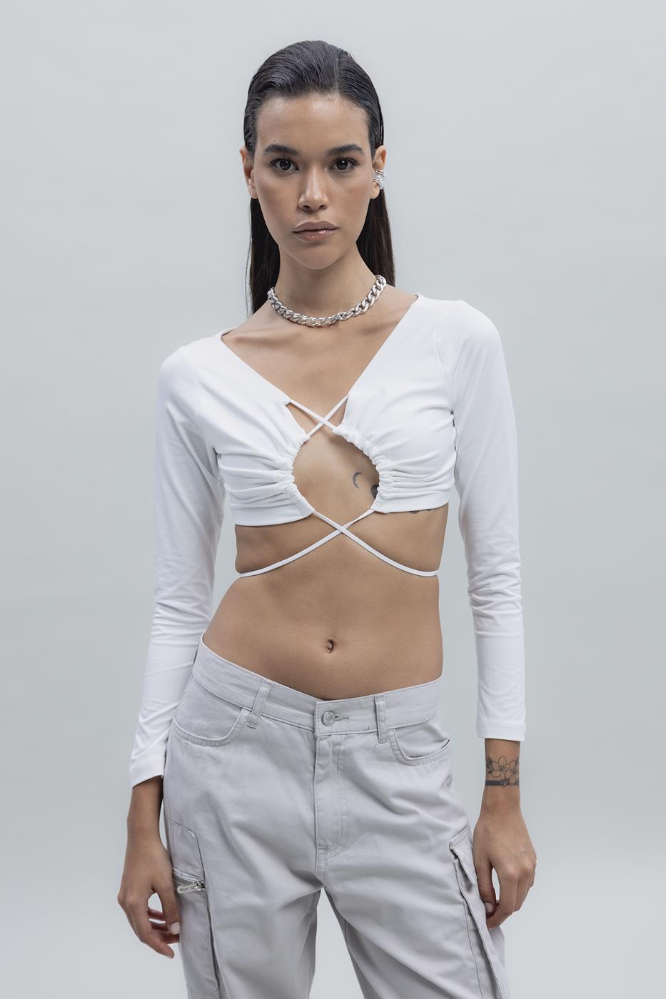 Bayan Ekru Bağlamalı Crop Top