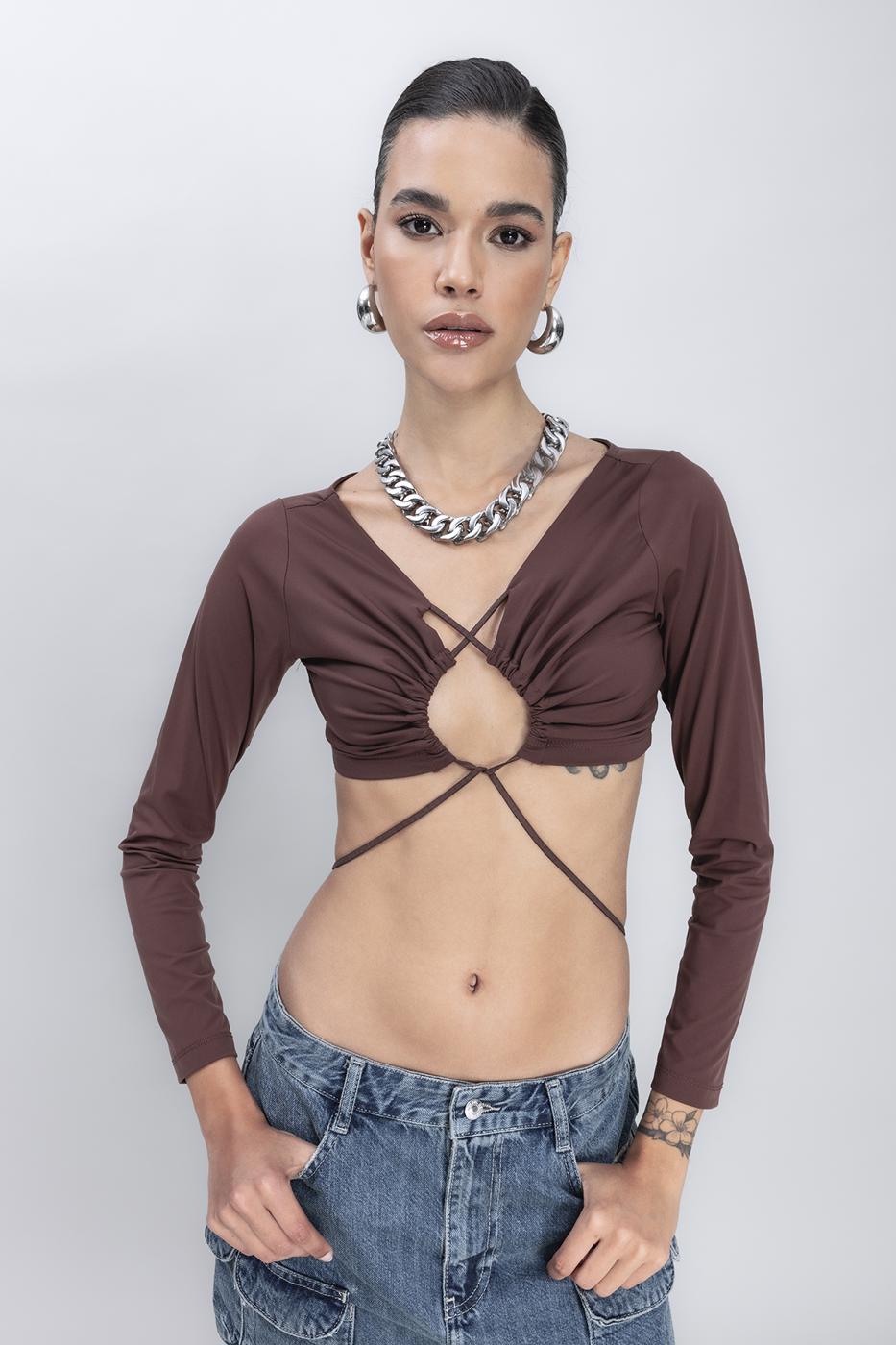 Bayan Kahverengi Bağlamalı Crop Top