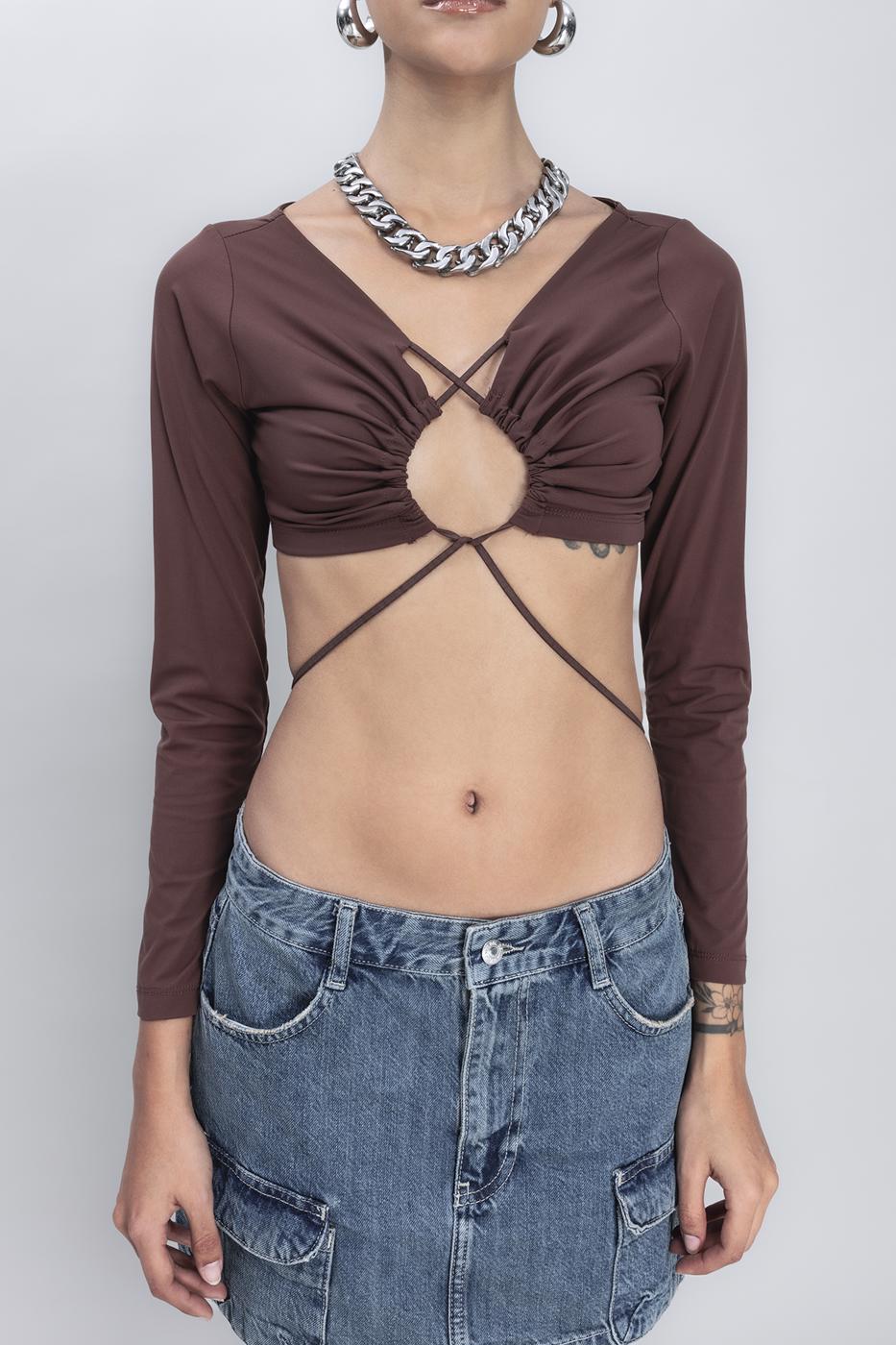 Bayan Kahverengi Bağlamalı Crop Top