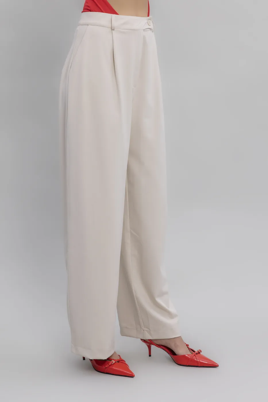 Bayan Krem Yüksek Bel Klasik Kumaş Pantolon