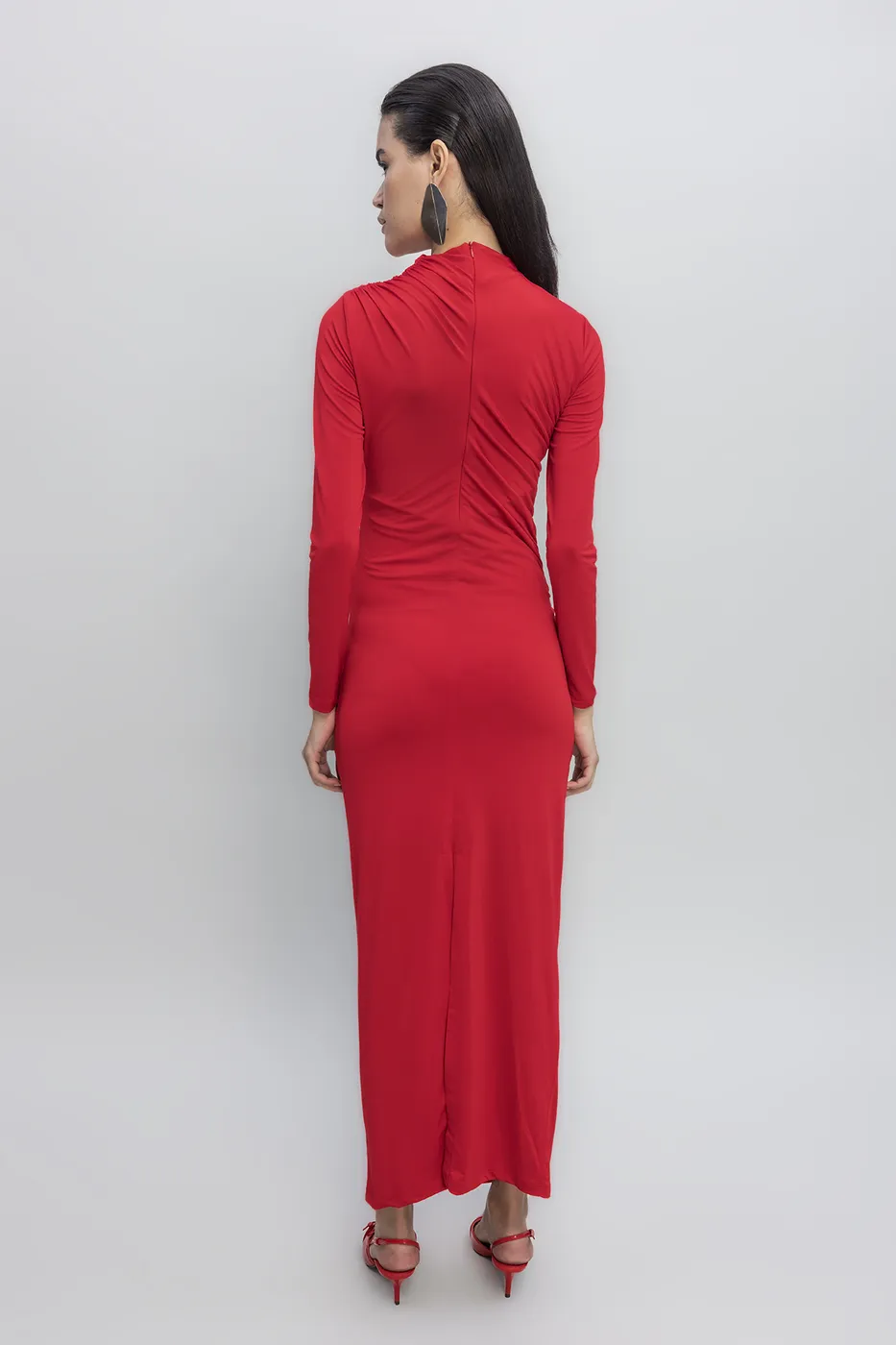 Bayan Kırmızı Dik Yaka Drapeli Midi Elbise