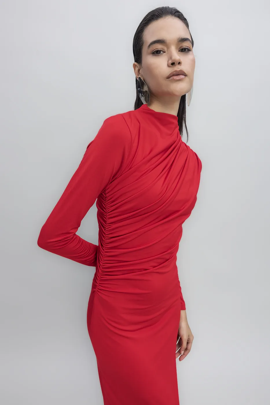 Bayan Kırmızı Dik Yaka Drapeli Midi Elbise