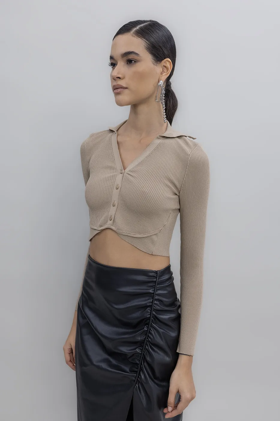 Bayan Bej Yakalı Crop Top