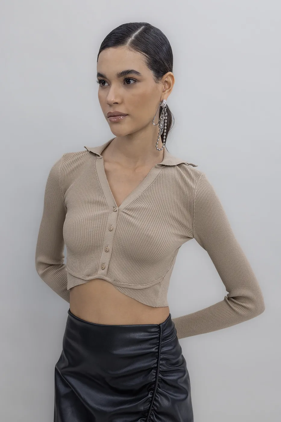 Bayan Bej Yakalı Crop Top