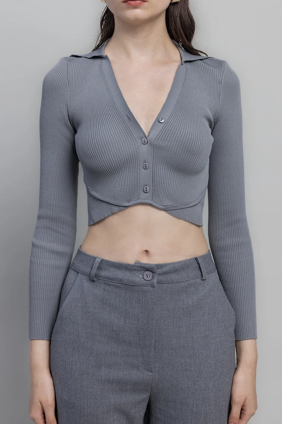 Bayan Gri Yakalı Crop Top