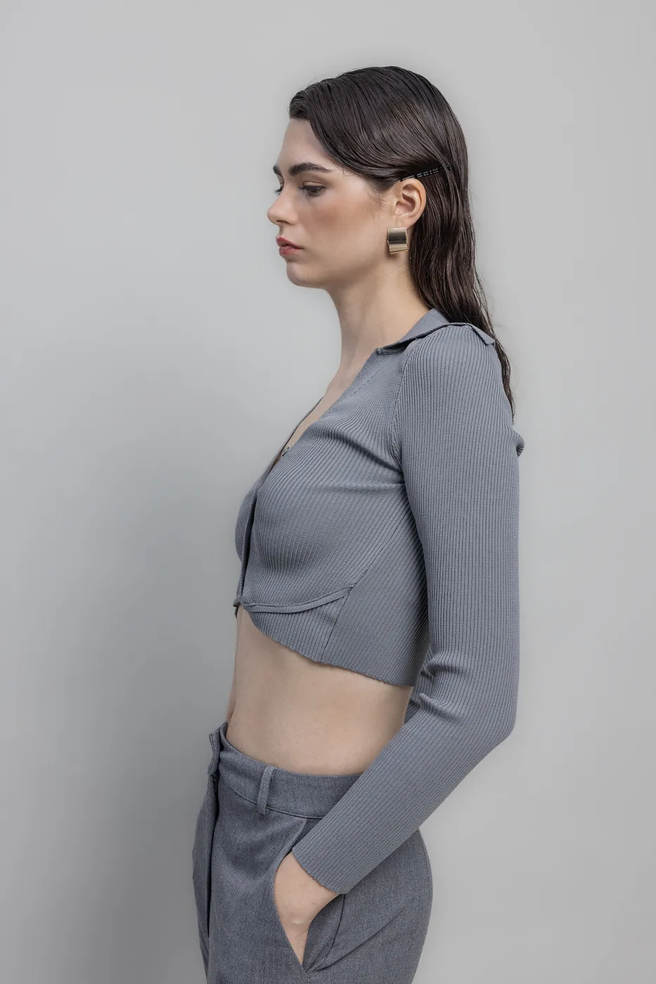 Bayan Gri Yakalı Crop Top